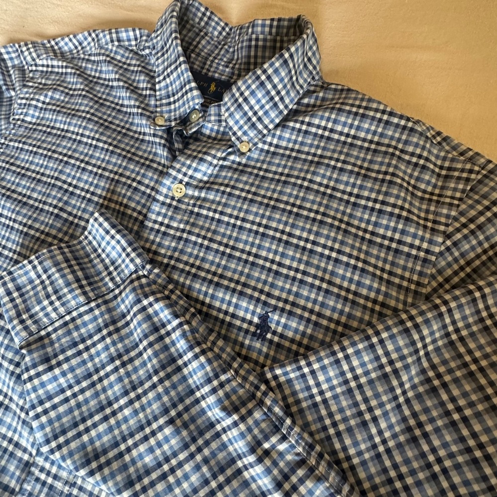 Ralph Lauren Classic Fit Performance Shirt Mens Large Blue Gingham Check L/S